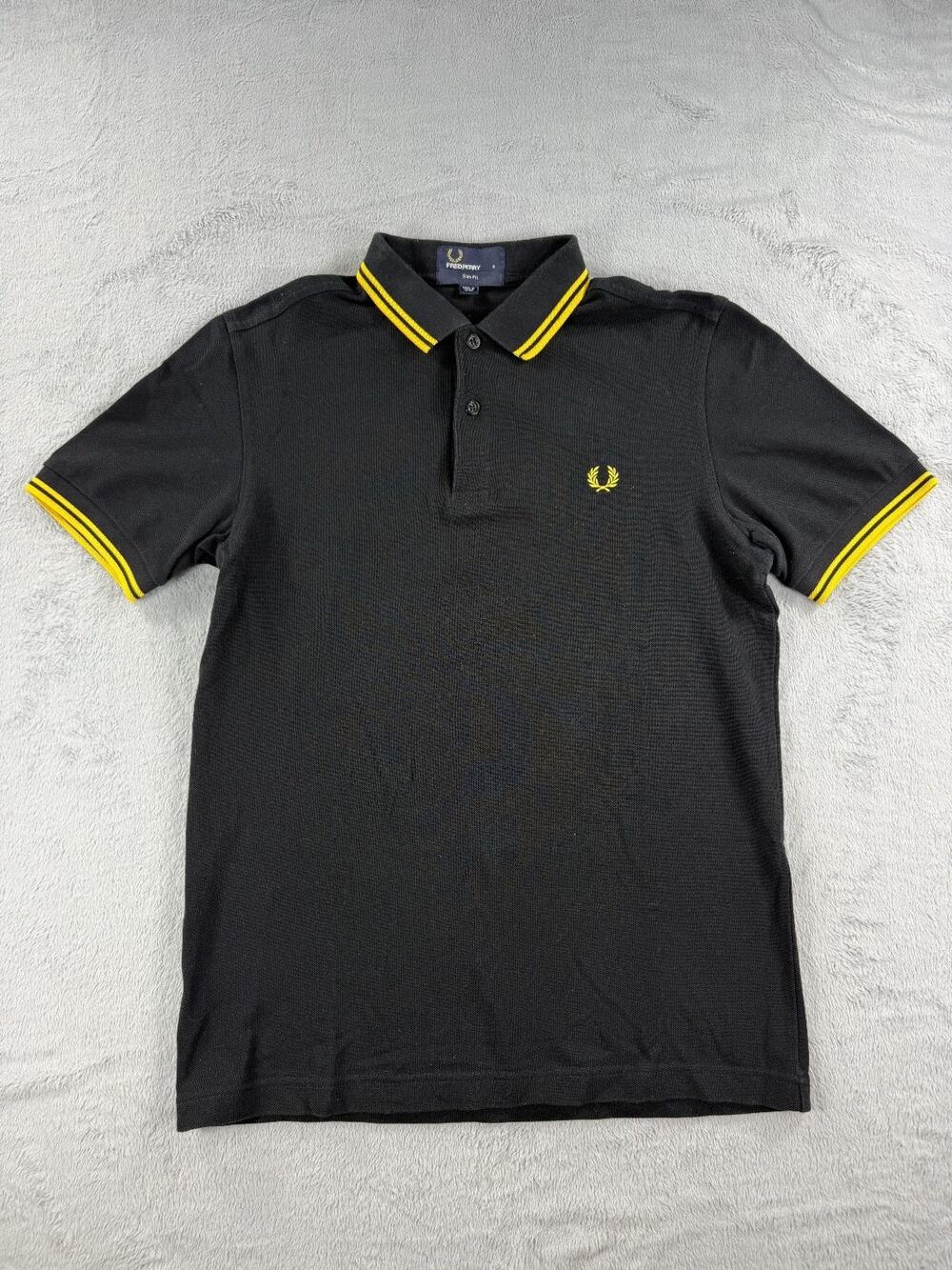 Fred Perry Mens Black Slim Fit Polo Shirt Small Yellow Golf Cotton